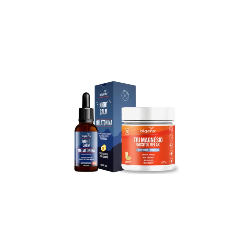 Night Calm Líquida Maracujá + Tri Magnésio Inositol Maracujá Melatonina | Triptofano + Vitamina B6 60ml + 180g - Bigens