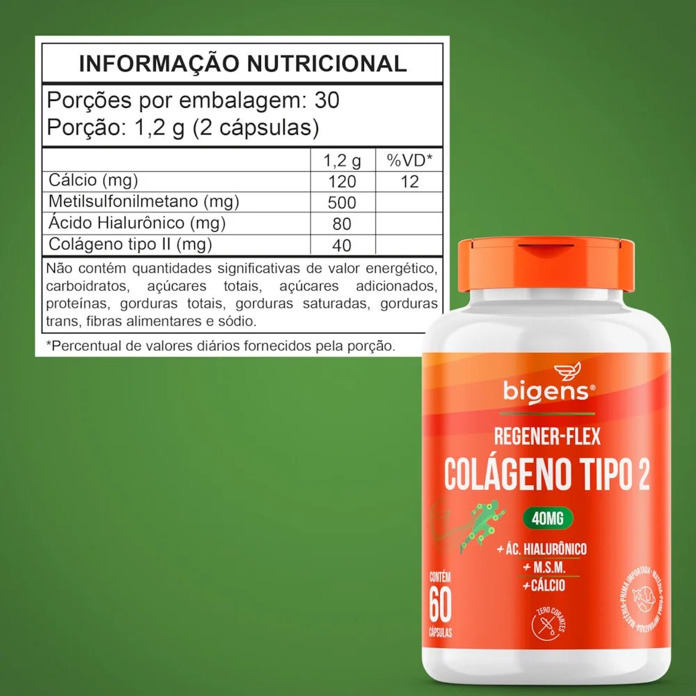 Regener Flex Colágeno Tipo 2 + Cálcio 60 Cápsulas - Bigens