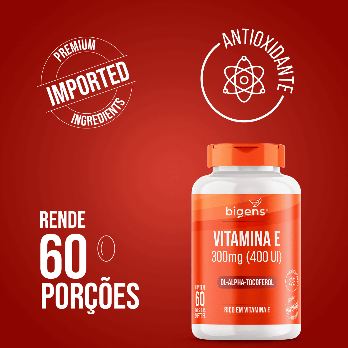 Vitamina E | 300mg (400 UI) DL - alpha - Tocoferol 60 Cápsulas Softgel - Bigens