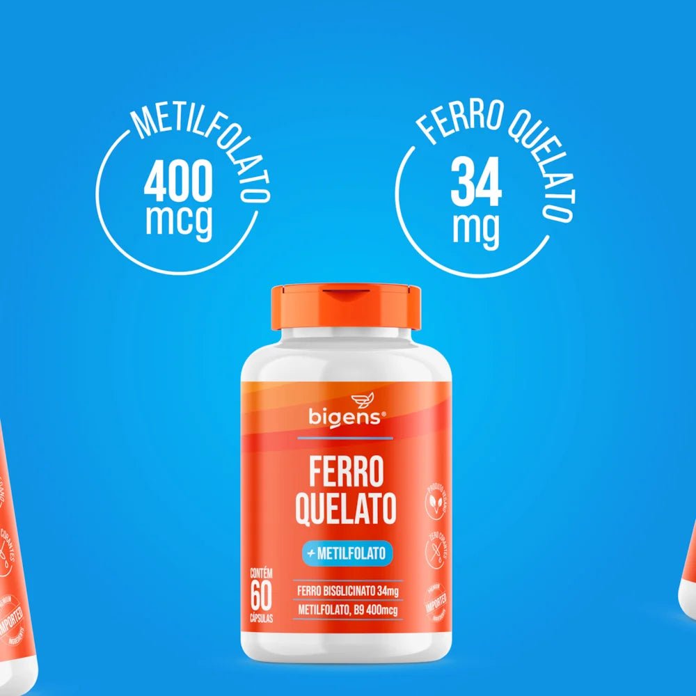 Ferro Quelato + Metilfolato | 34mg Bisglicinato + B9 60 Cápsulas - Bigens